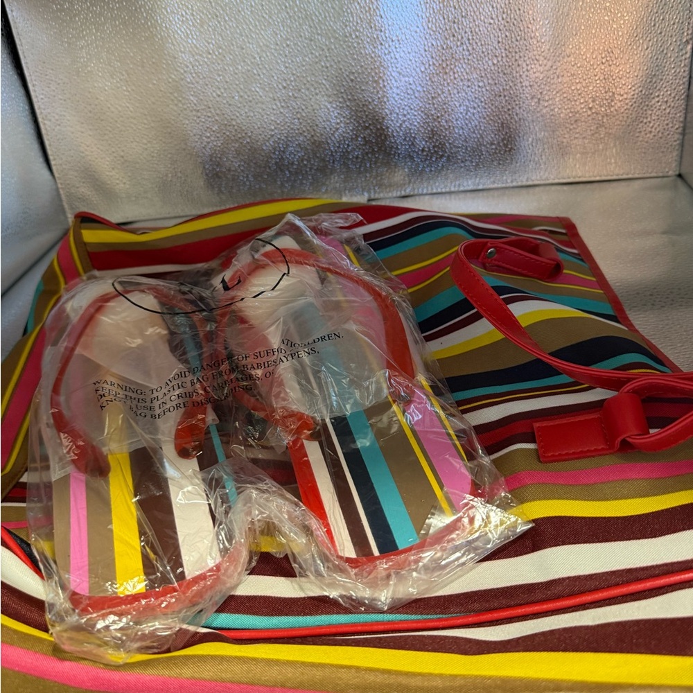 Colorful Striped Tote Bag and Sandals Set